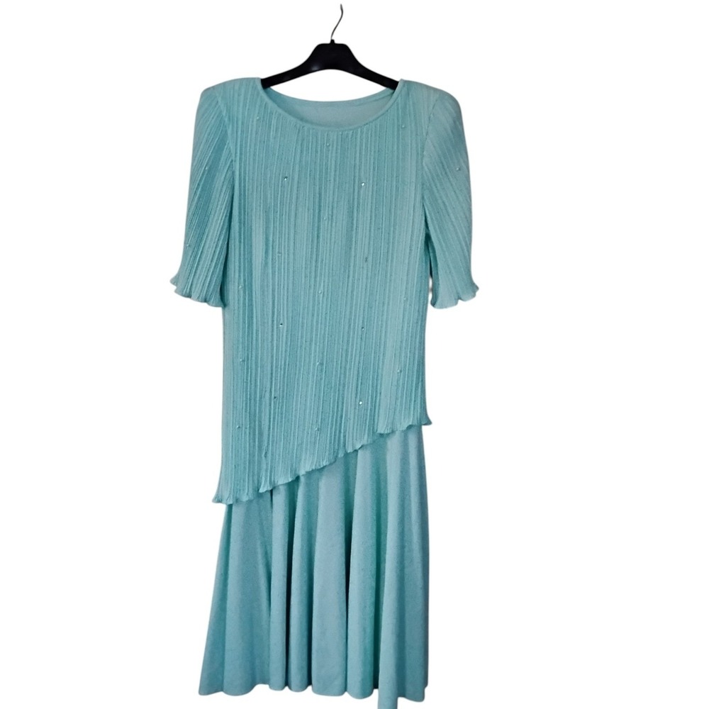 Vintage After Dark Aqua Blue Pleated Rhinestone Two Piece Skirt Set Size 9-10